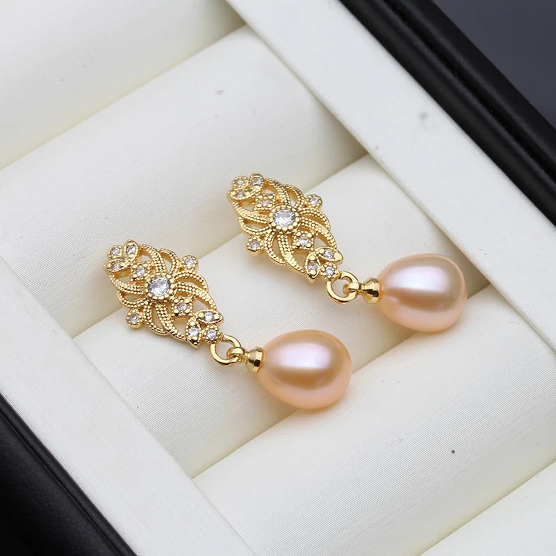 Real Natural Pearl Earrings,18k Gold Palted Dangling Freshwater Pearl Earrings