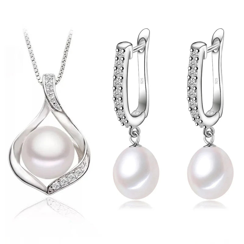 Real Natural Freshwater Pearl Necklace and Earrings Set For Women,Cute 925 Sterling Silver