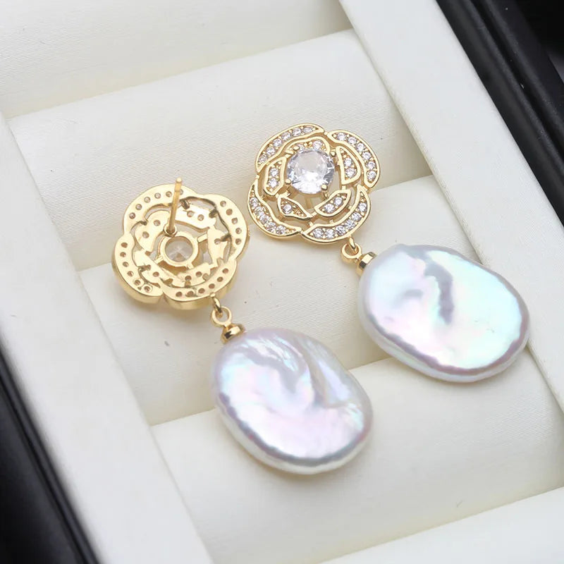 Genuine Baroque Big Pearl Earrings  Silver 925 Earring with Natural Pearl