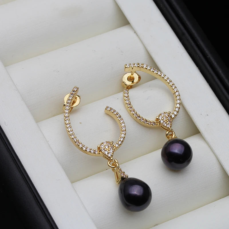 Trendy Long Freshwater Black Pearl Earrings Jewelry Woman,Cultured Natural Pearl Earrings Silver 925