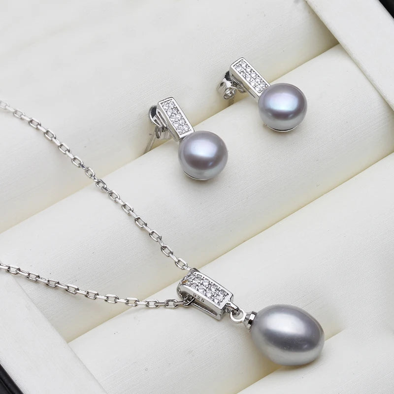925 Silver Natural Freshwater Pearl Necklace and Earrings Jewelry Set