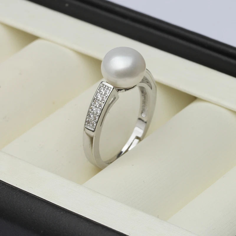 Real Natural Freshwater Pearl Rings For Women,Sterling Silver Open Pearl Ring Adjustable