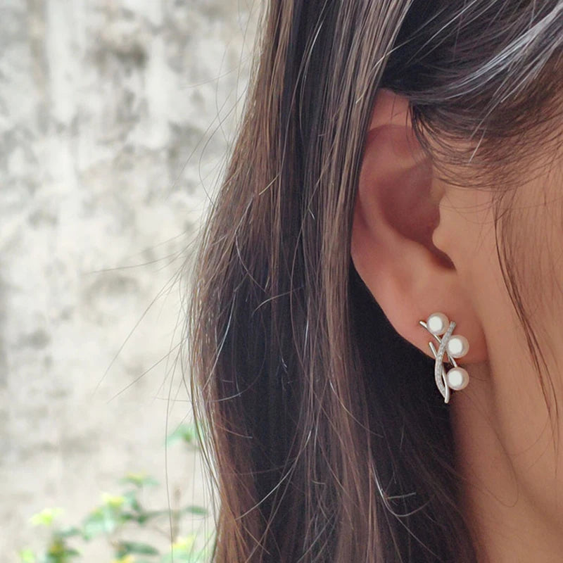 Real Silver 925 White Pearl Earrings, Natural Freshwater Stud Earrings