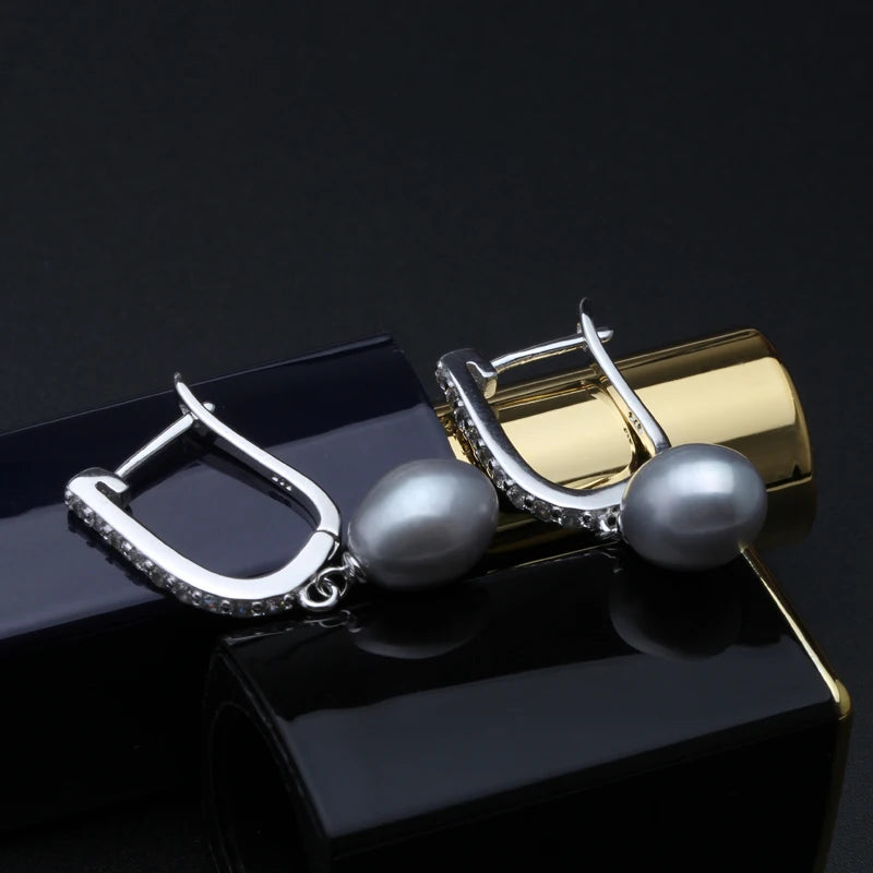 Real freshwater grey pearl earrings,classic 925 sterling silver earrings