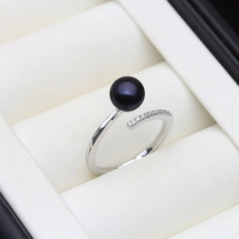 Real Freshwater Natural Black Pearl Rings,Vintage 925 Silver Adjustable Pearl Ring