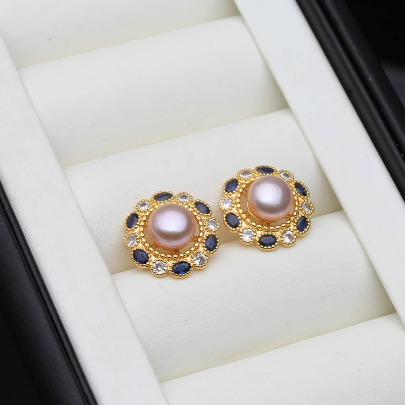 Real Pink Stud Earrings With Pearls For Women,Cultured Natural Freshwater Pearl