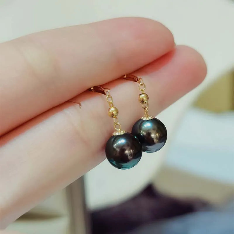 Real 18K Gold Tahitian Pearl Earrings For Women,Wedding Natural Sea Black Pearl Gold Earrings