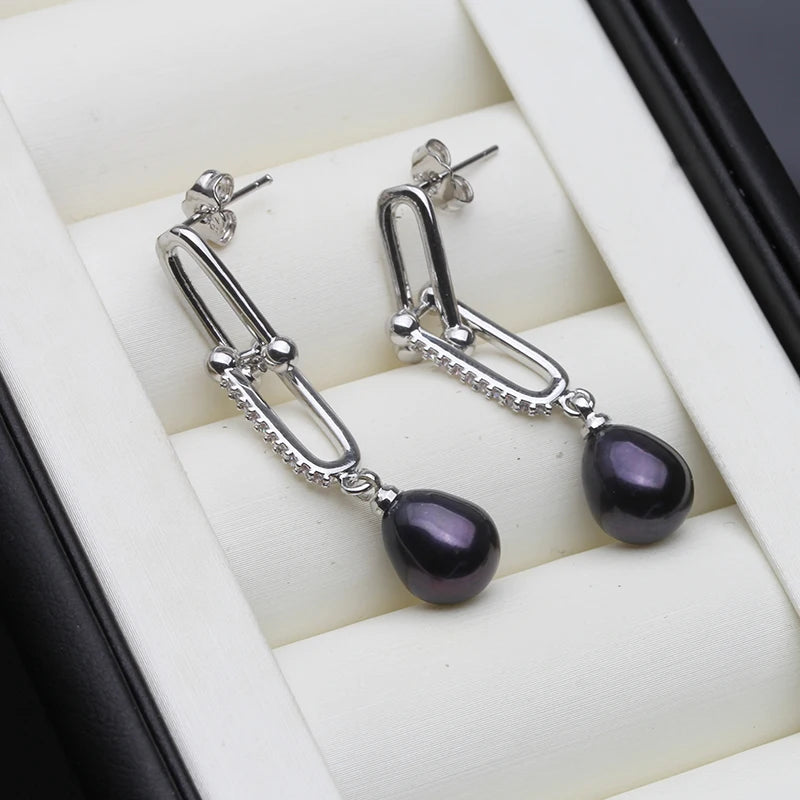 Genuine Freshwater Pearl Earrings Jewelry Woman,Cute Sterling Silver 925 Black Pearl Earrings Wife Mother Gift White Pink