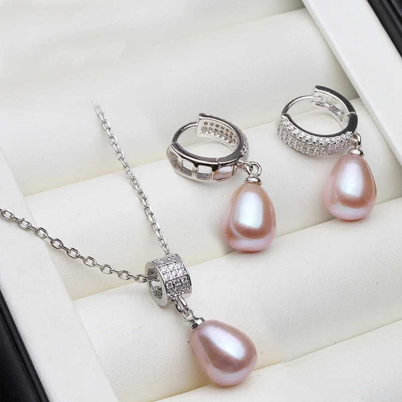 Natural Freshwater Pearl Necklace And Earrings Set trendy 925 Silver Pearl Jewelry Set