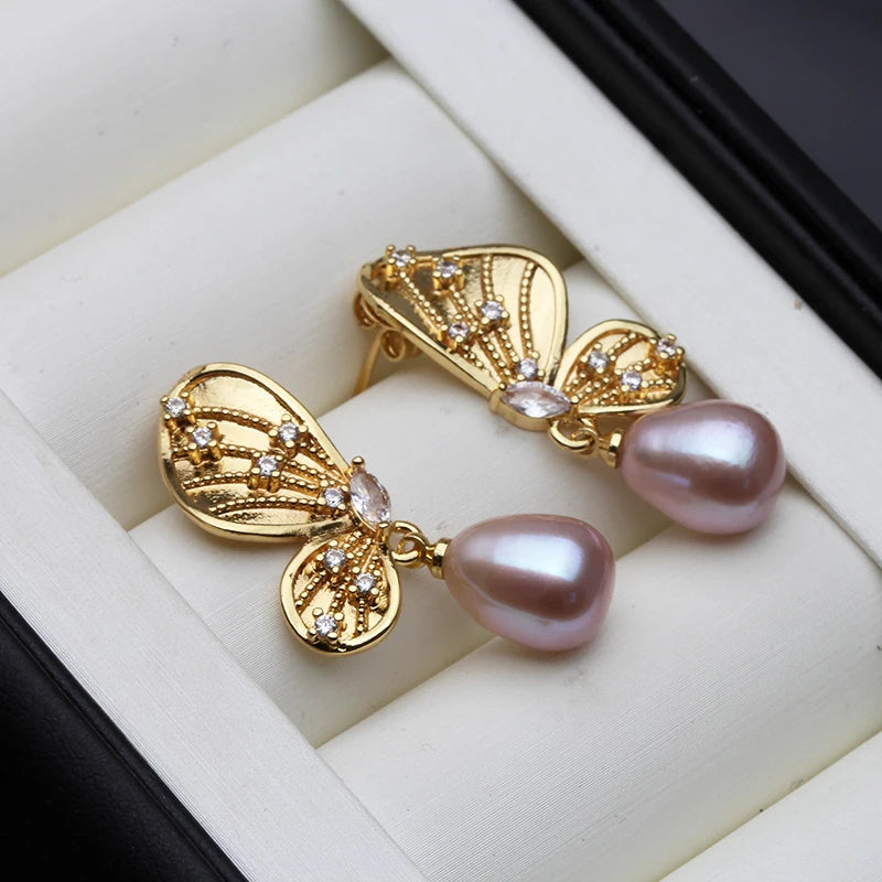 Genuine Freshwater Black Pearl Earrings Woman,Bridal Natural Hanging Pearl Butterfly Earrings