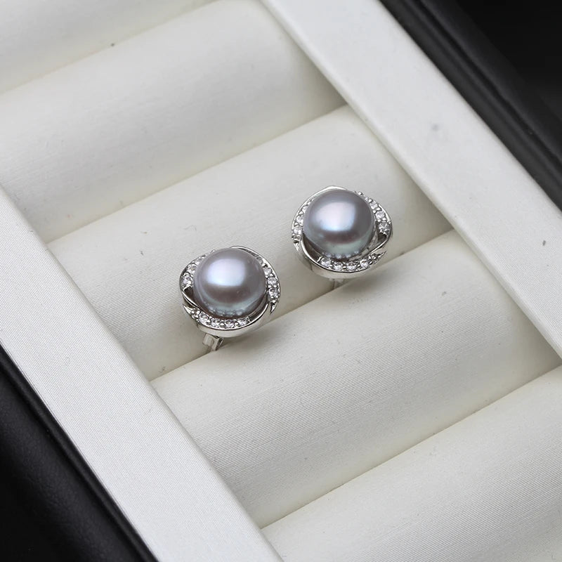 Natural Freshwater Black Pearl Earrings JewelrySilver 925 Stud Earrings with Pearls