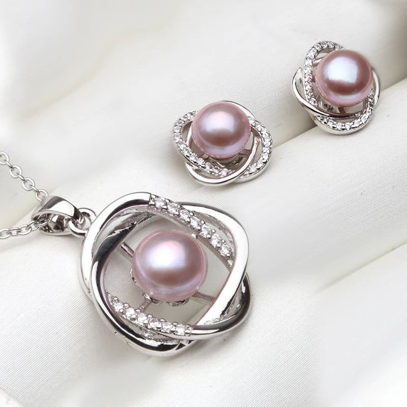 Real 925 Sterling Silver Necklace Earring Sets ,Classic Natural Pearl Pendant Sets