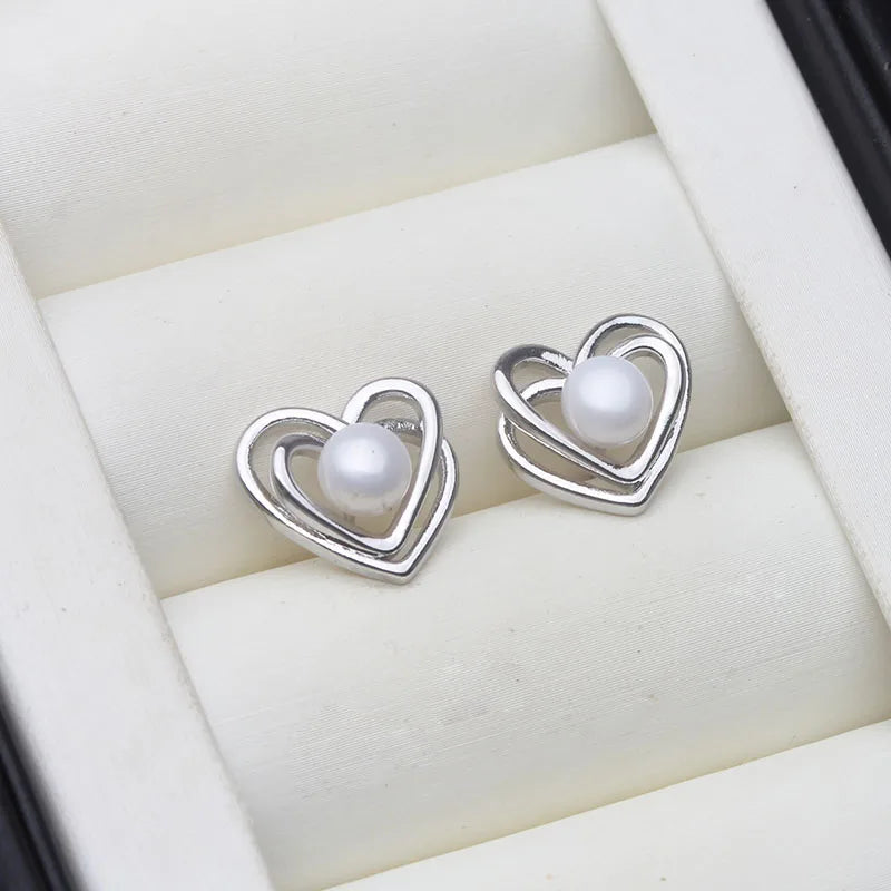 Genuine Silver 925 Pearl Heart Earrings,White Natural Fresh Water Mini Pearl Earrings Jewelry