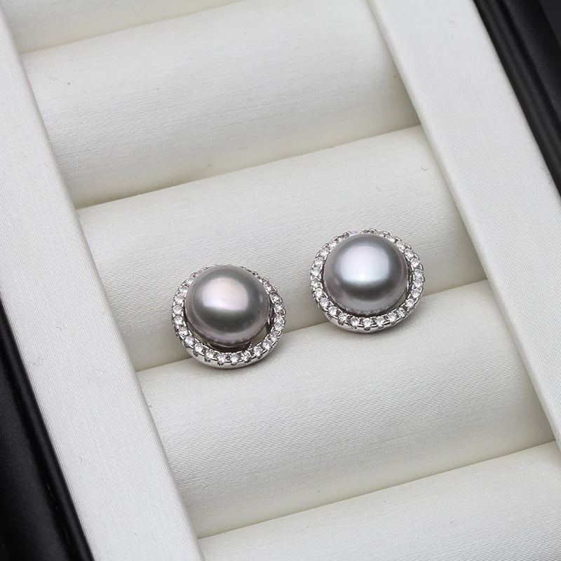 Natural Freshwater white Pearl Earrings 925 Silver  Round Pearl Earrings Fine Jewelry