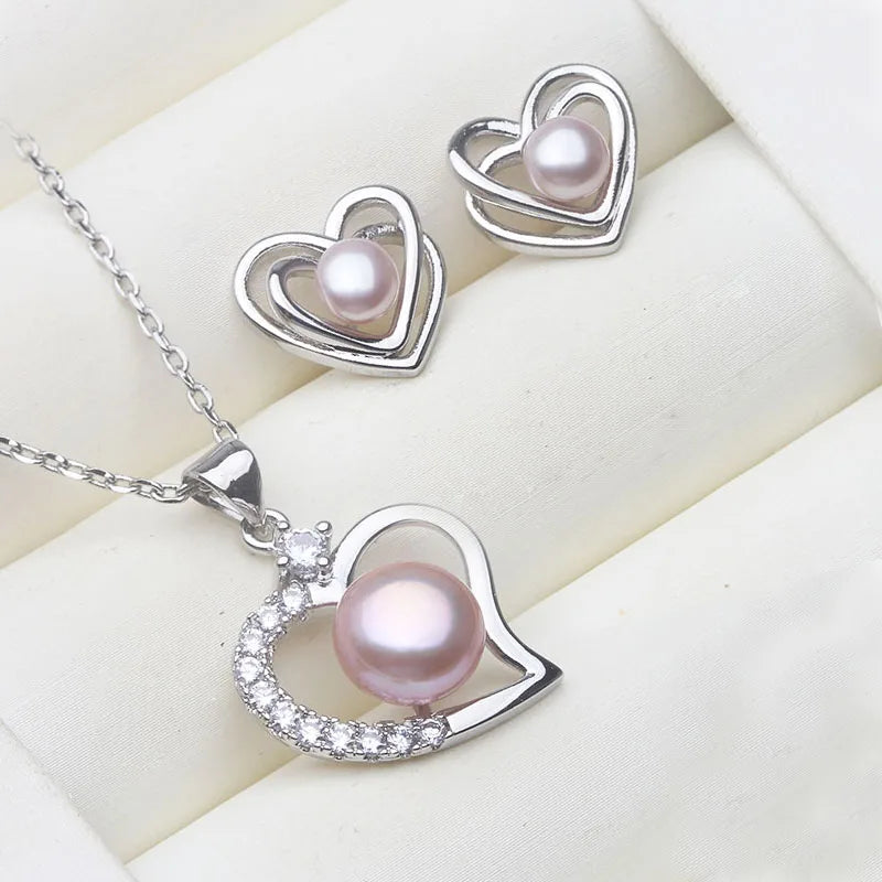 Real 925 Silver Natural Freshwater Pearl Stud Earring Set Woman,Cute Set With Pearl Earrings And Necklace Wife Mother Gift White