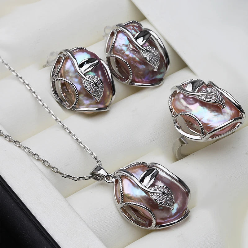 Natural Freshwater Baroque Set With Pearl Earrings And Necklace Woman,925 Silver Pearl Sets