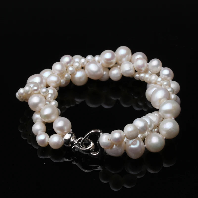 Mutilayer Natural Freshwater Pearl Bracelet Ladies Woman,925 Silver Real White Pearl Jewelry