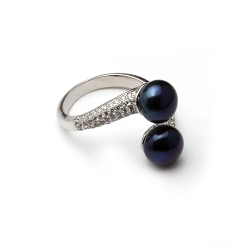 Real Natural Freshwater Black Double Pearl Ring,Exquisite 925 Sterling Silver Ring Fine Jewelry Adjustable