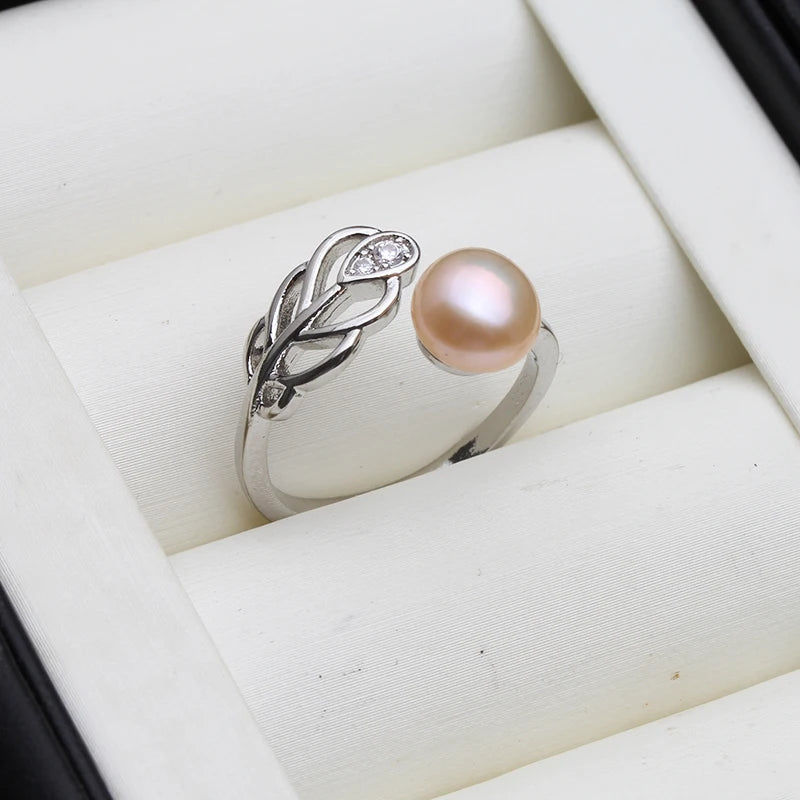 Freshwater 925 Silver Pearl Rings For Women,Natural Lady Pearl Open Ring Adjustable
