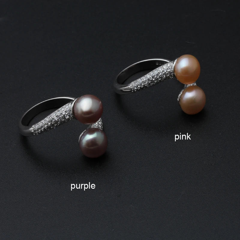 Real Double 925 Sterling Silver Pearl Rings Natural Freshwater Pearl Ring Adjustable