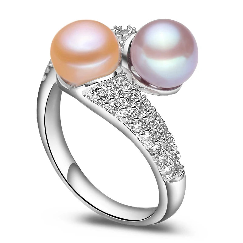 Real Double 925 Sterling Silver Pearl Rings Natural Freshwater Pearl Ring Adjustable