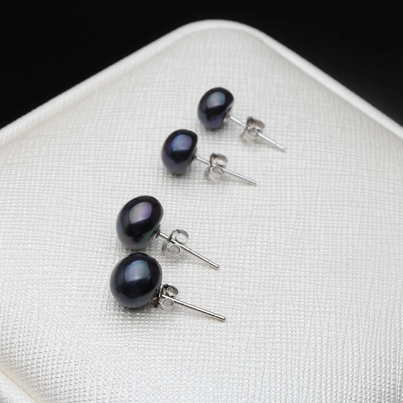 Real 925 Silver Pearl Stud Earrings  Natural Freshwater Black Pearl Earrings