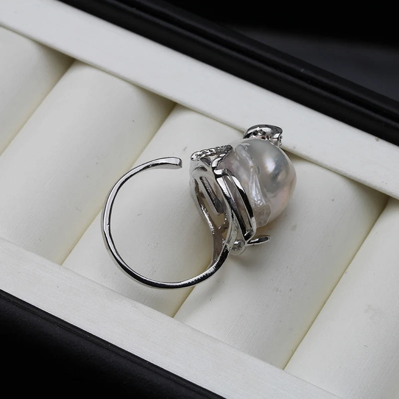 Real Freshwater Natural Baroque Large Pearl Ring Adjustable Pearl Ring