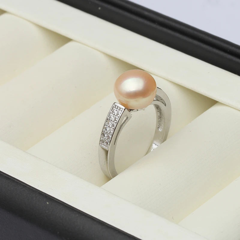 Genuine Freshwater Pearl Rings ,Zircon 925 Silver Open Ring With Pearl Adjustable