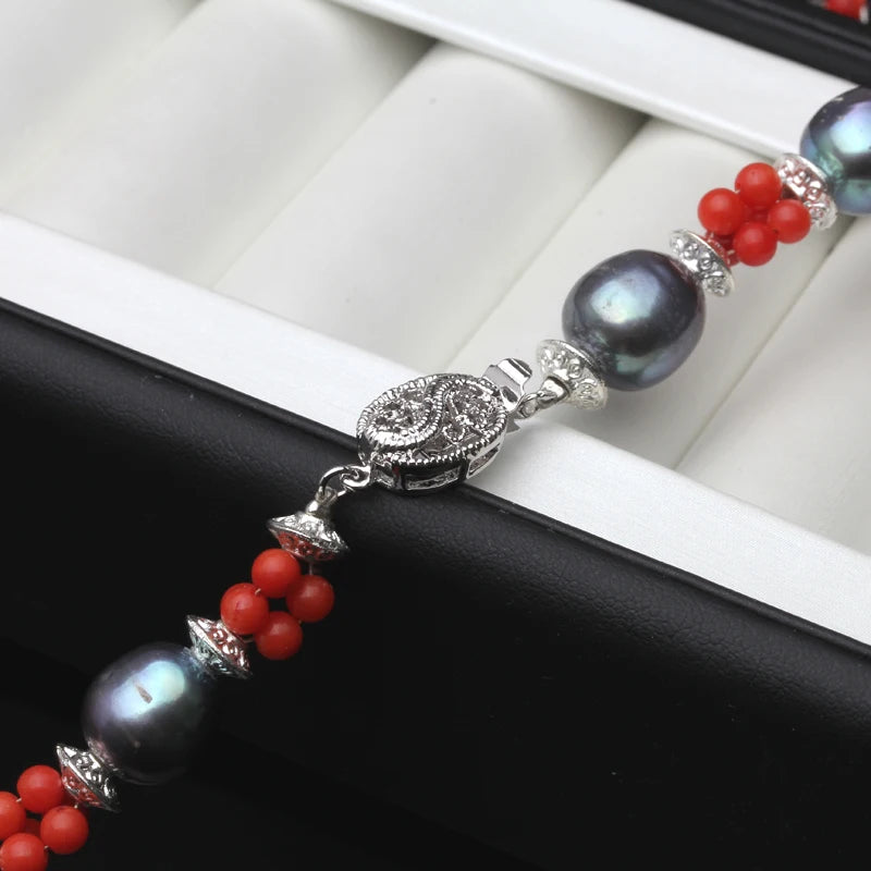 Real Natural Freshwater Black Pearl Necklaces For Women,Wedding Red Stone PearL