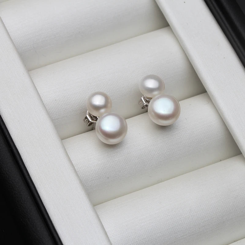 Real Silver Stud Earrings Freshwater Natural Double Pearl Earring Fine