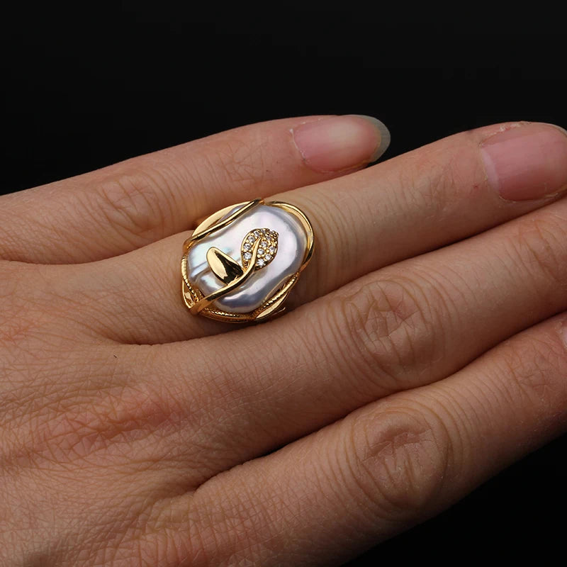 Natural Freshwater Baroque Big Pearl Rings For Women,Beautiful Wedding Rings 18k Gold Plated Adjustable Size