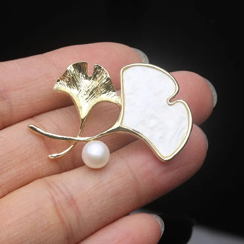 Trendy Natural Freshwater Pearl Brooches For Women,Leaf White Pearl Brooch