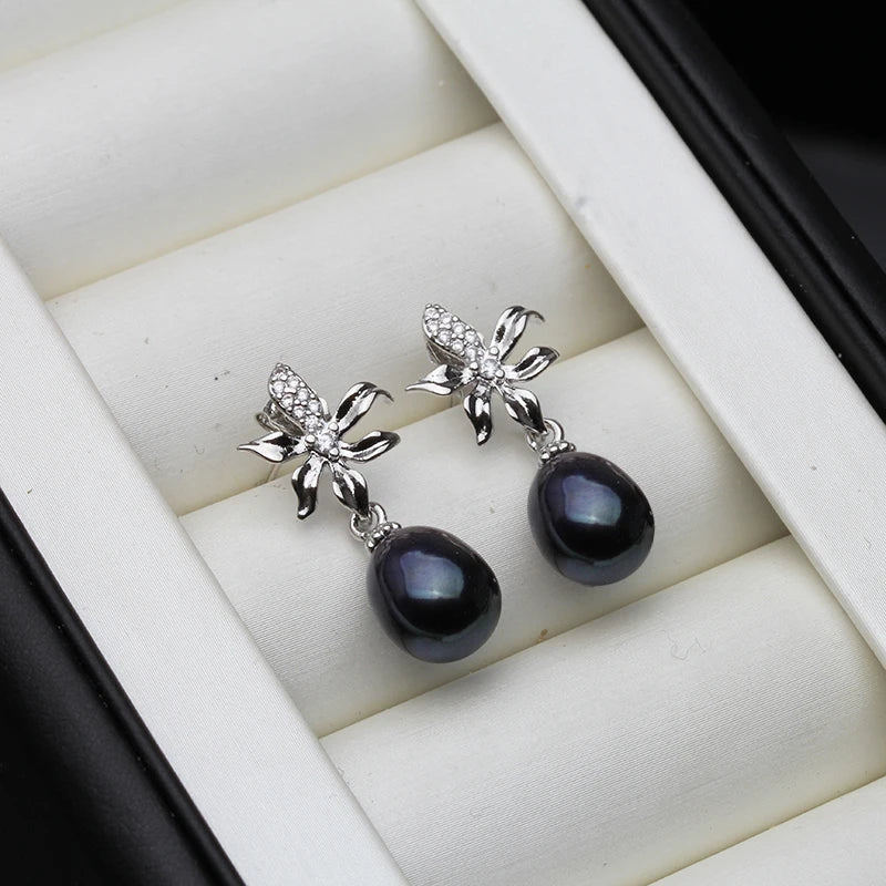 Black Natural Freshwater Dangle Pearl Earrings For Women,Trendy 925 Sterling Silver Earrings