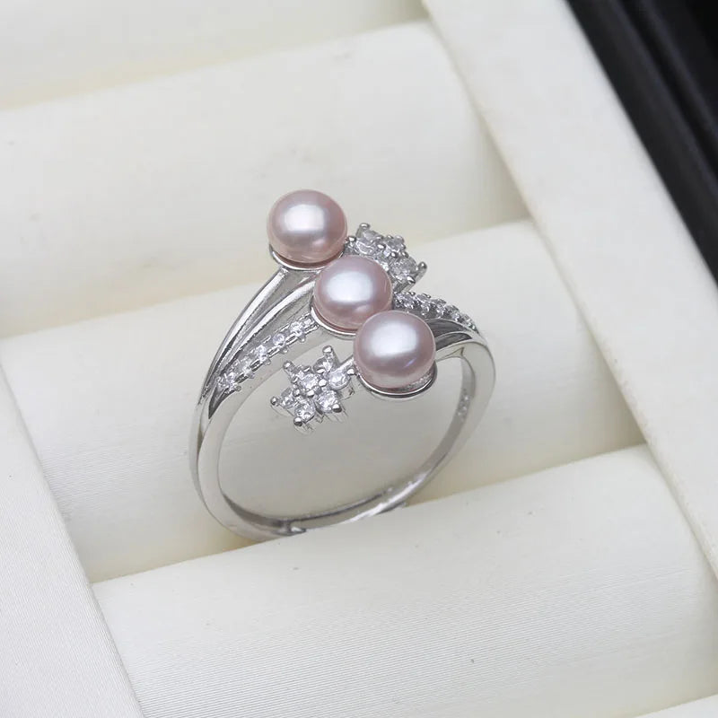 Real 925 Sterling Silver Pearl Ring Ladies Woman,White Natural Freshwater Adjustable Pearl Ring