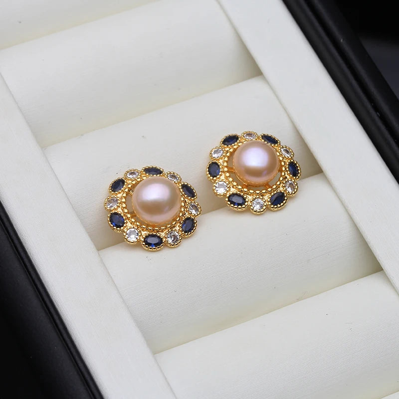 Real Pink Stud Earrings With Pearls For Women,Cultured Natural Freshwater Pearl