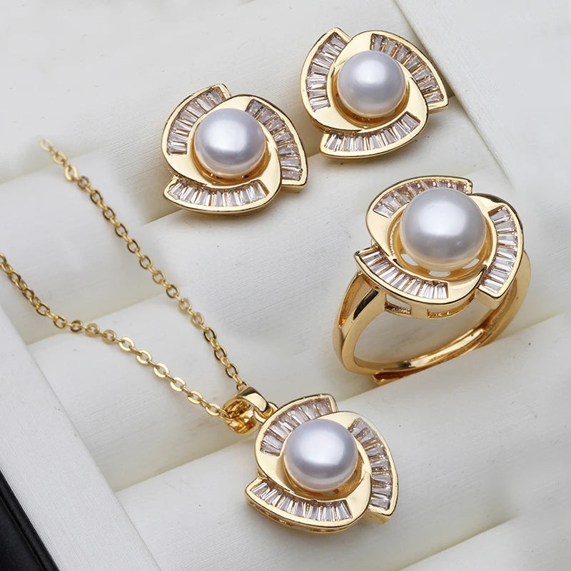 Real Pearl Necklace And Earring Set For Women,18K Gold Plated Elegant Pearl Jewelry Set