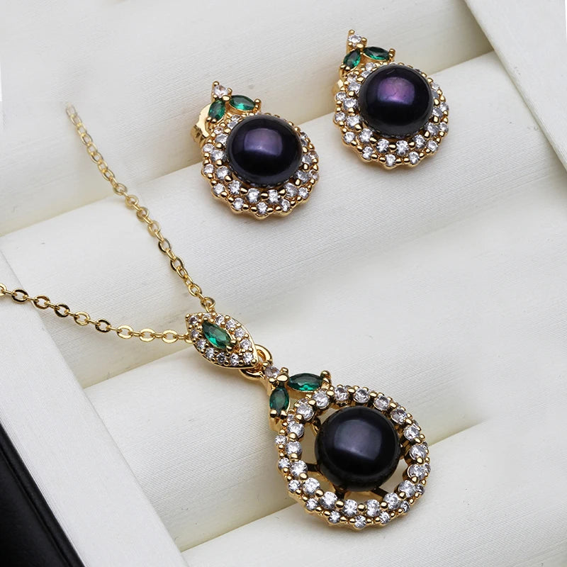 18K Gold Plated Jewelry Set With Pearl Earrings And Necklace