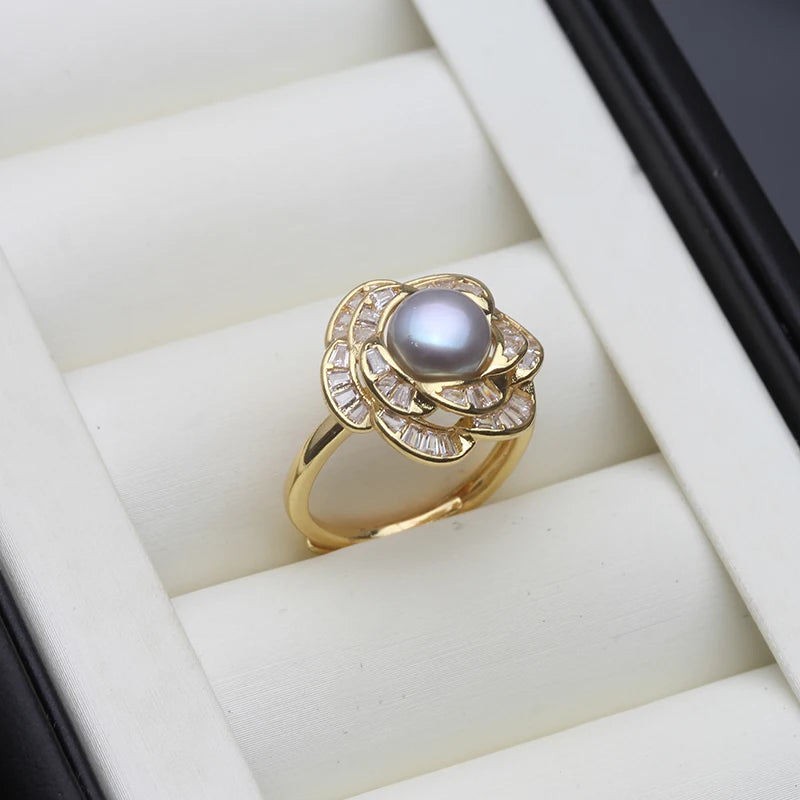 Natural Freshwater Ring with Real Pearls,White Adjustable Pearl Ring