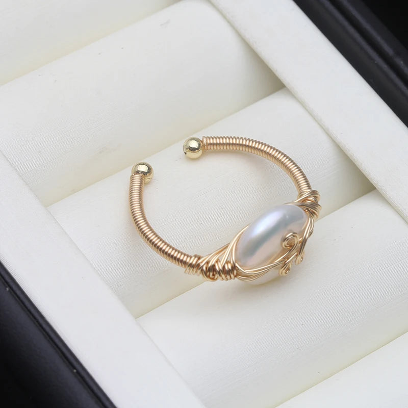 Genuine Freshwater Pearl Rings For Women,Trend Gold Plated Pearl Ring Adjustable