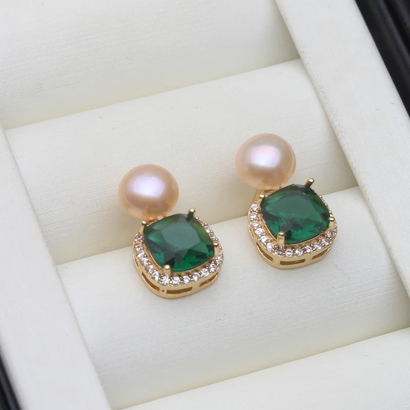 Freshwater Pearl EarringsCute Pearl Stud Earrings Green Stone