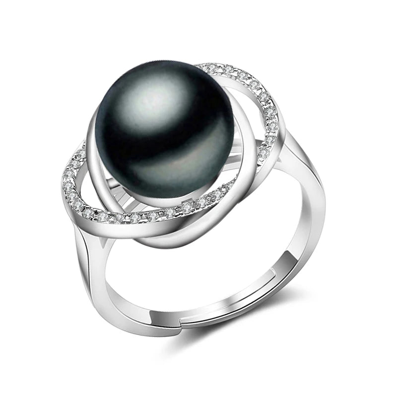 Real Freshwater Black Pearl Ring Woman,Cultured Natural Pearl Rings 925 Silver Adjustable