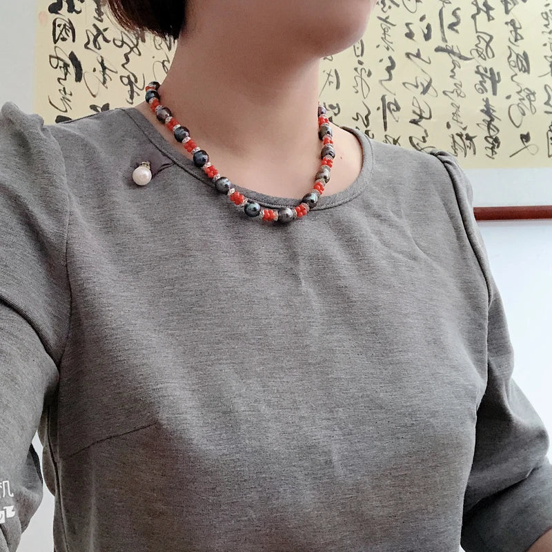Real Natural Freshwater Black Pearl Necklaces For Women,Wedding Red Stone PearL