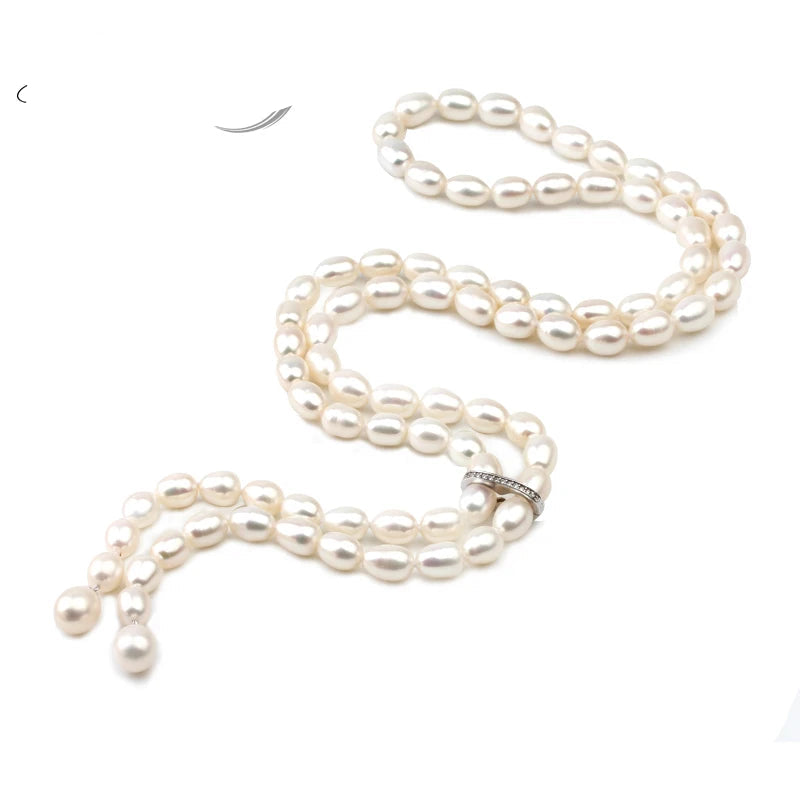 Beautiful Freshwater Long Pearl Necklace for Women,Water Drop Natural Pearl Necklace 925 Silver