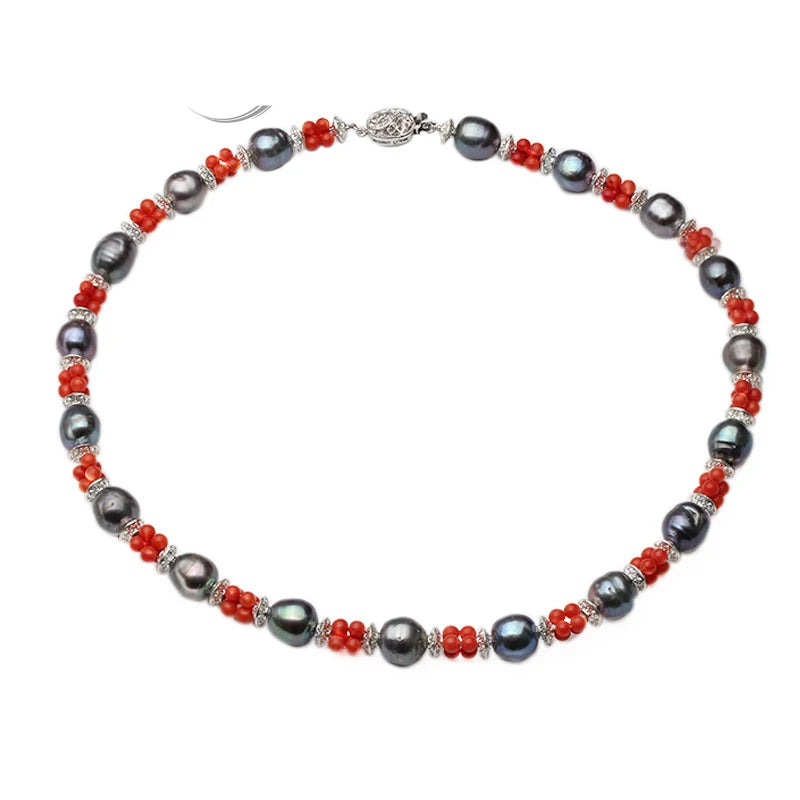 Real Natural Freshwater Black Pearl Necklaces For Women,Wedding Red Stone PearL