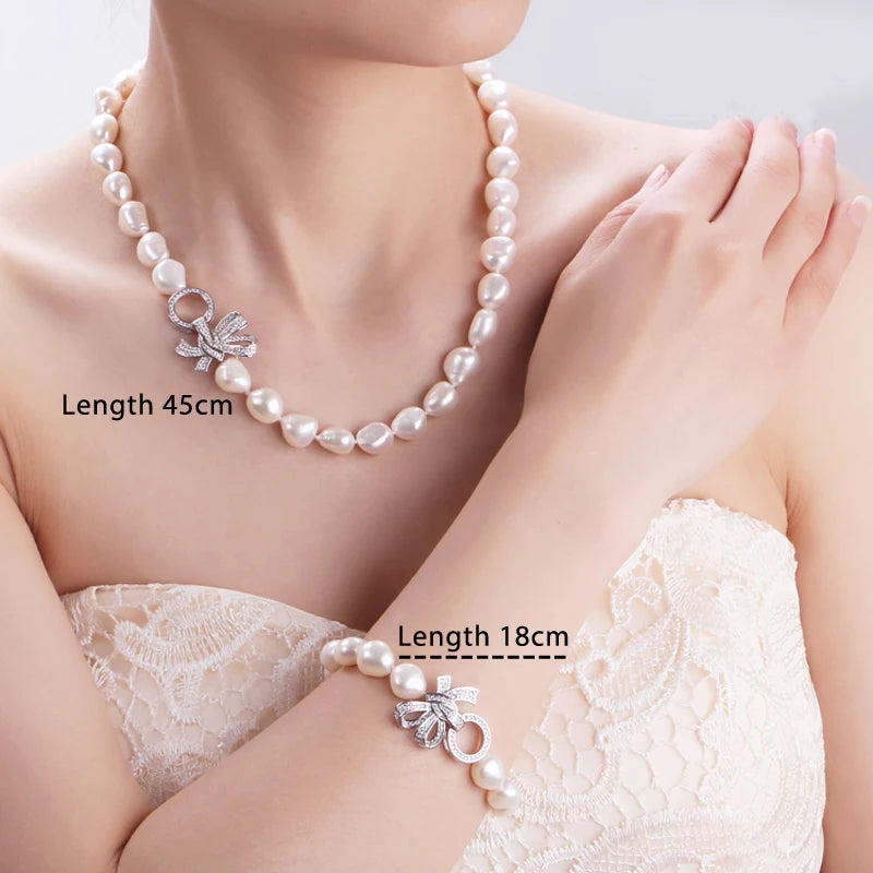 Natural Freshwater Baroque Pearl Necklace And Bracelet Women,925 Silver Pearl Jewelry Set