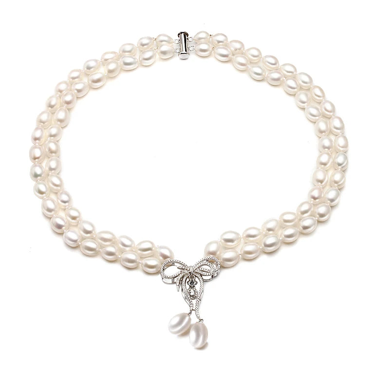 Real Luxury Grey Double Multilayer Pearl Necklace Women,Rice Freshwater Pearl Necklace Pendant Layered