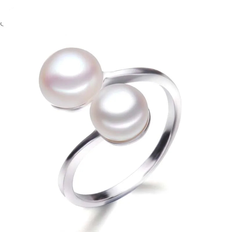 Natural Cultured Sterling Silver Pearl Ring Women,White Double Adjustable Ring