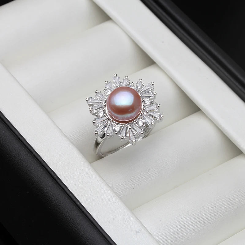 Real Silver 925 Pearl Ring Adjustable White Freshwater Pearl Ring