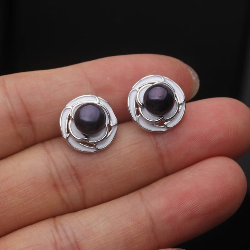 Genuine Silver 925 Stud Earrings Pearl,Cute Fresh water Natural Pearl Earrings Jewelry Wife Girls Birthday Gift White Black