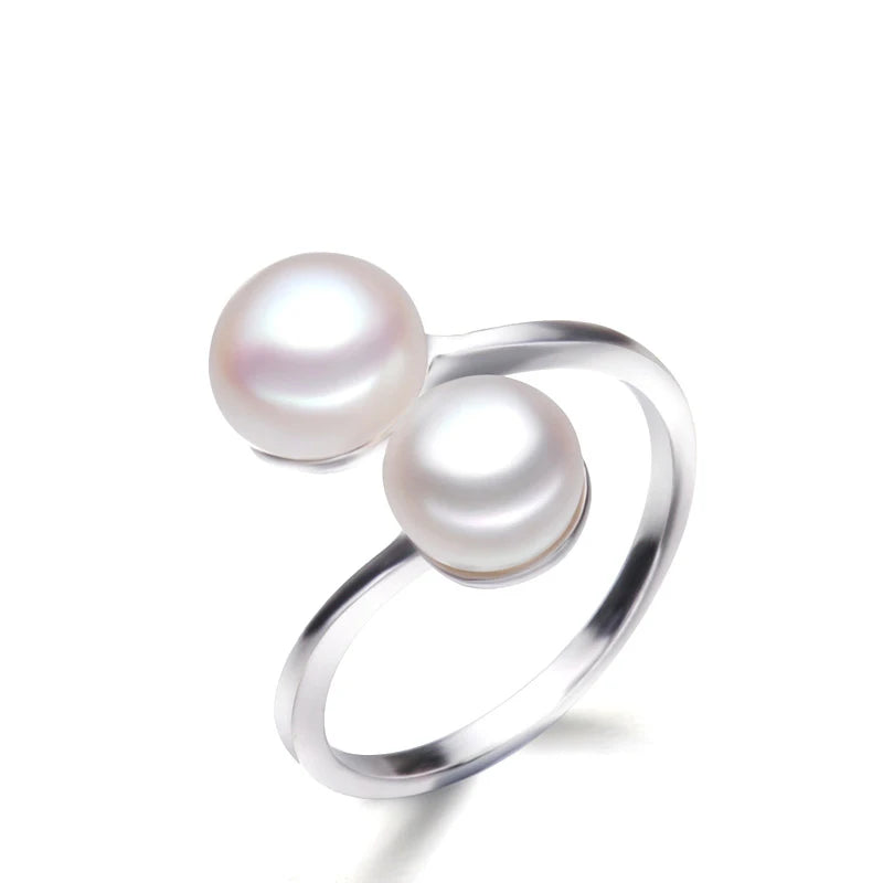 Natural Cultured Sterling Silver Pearl Ring Women,White Double Adjustable Ring